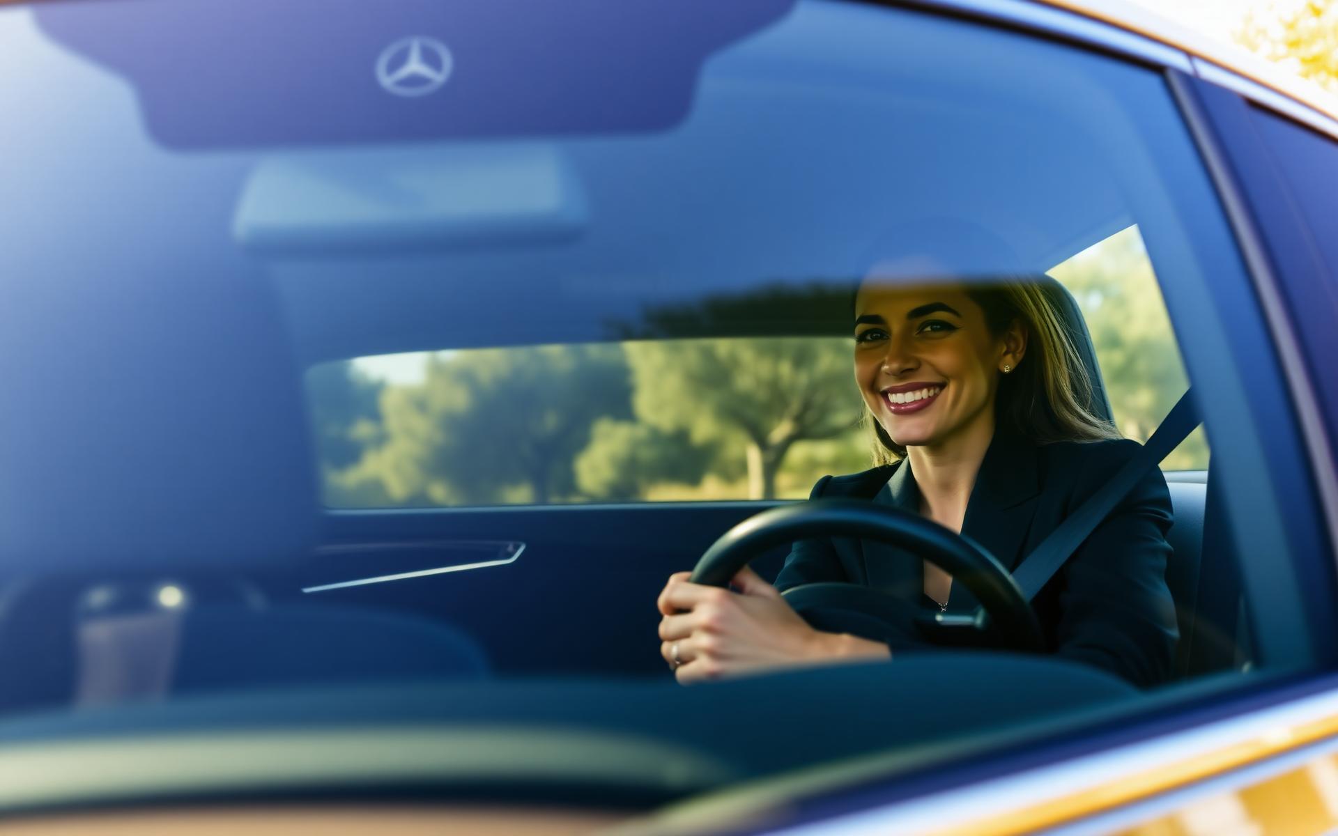 Smiling professional chauffeur driving a Mercedes V-Class